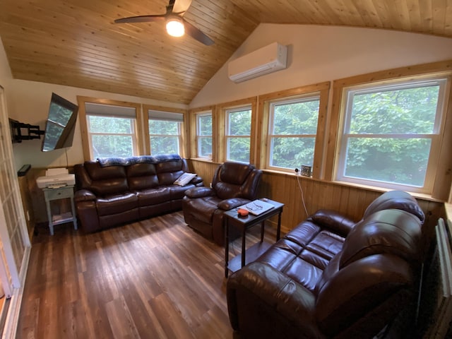 48 Stoney Ridge Rd, Eddington, ME 04428 - living area with an AC wall unit, lofted ceiling, wood finished floors, a ceiling fan, and wood ceiling