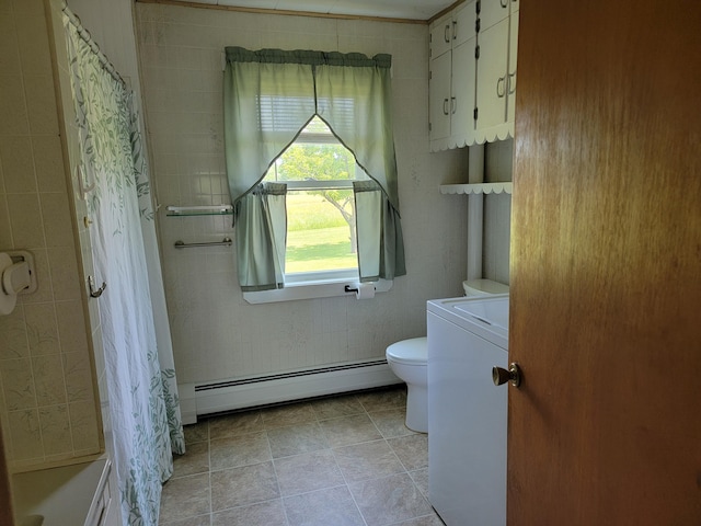 183 Folsom Pond Rd, Lincoln, ME 04457 - full bathroom featuring a baseboard heating unit, washer / clothes dryer, and shower / bath combination with curtain