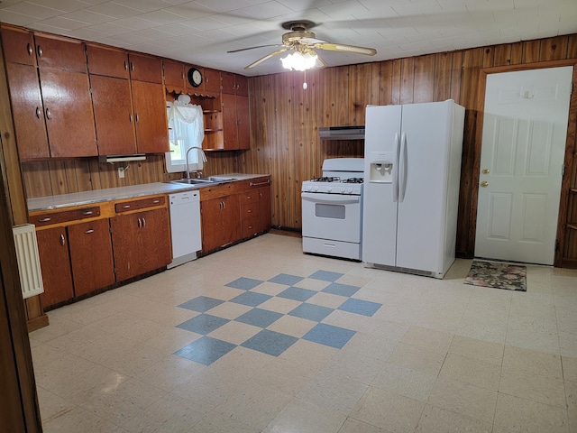 183 Folsom Pond Rd, Lincoln, ME 04457 - kitchen with white appliances, under cabinet range hood, wood walls, ceiling fan, and open shelves