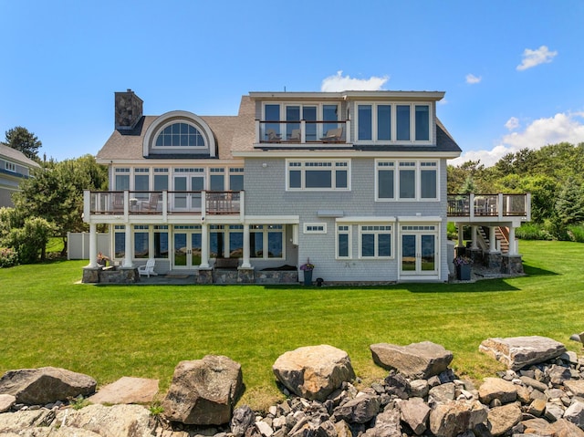 121 Bald Head Cliff Rd, York, ME 03902 - back of house with french doors, a wooden deck, a chimney, a lawn, and a patio