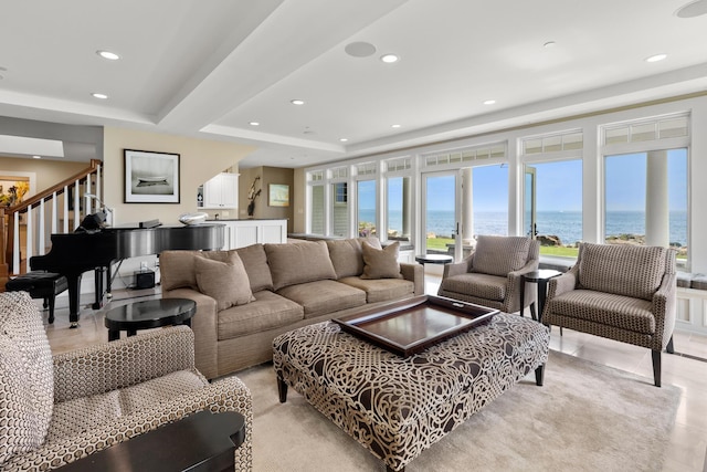 121 Bald Head Cliff Rd, York, ME 03902 - living room featuring a water view, recessed lighting, healthy amount of natural light, and stairway