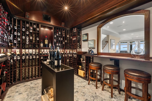 121 Bald Head Cliff Rd, York, ME 03902 - wine room with recessed lighting, wooden ceiling, stone finish flooring, and lofted ceiling