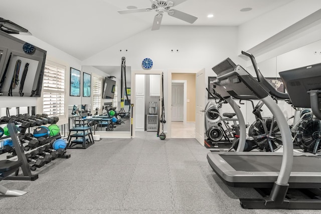 121 Bald Head Cliff Rd, York, ME 03902 - exercise room with ceiling fan and vaulted ceiling