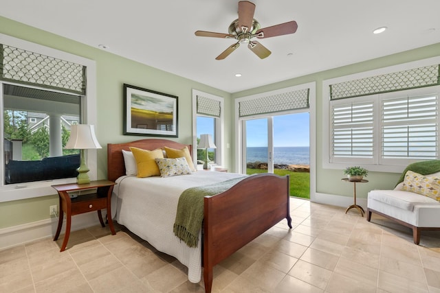 121 Bald Head Cliff Rd, York, ME 03902 - bedroom with access to outside, a water view, light tile patterned floors, ceiling fan, and recessed lighting