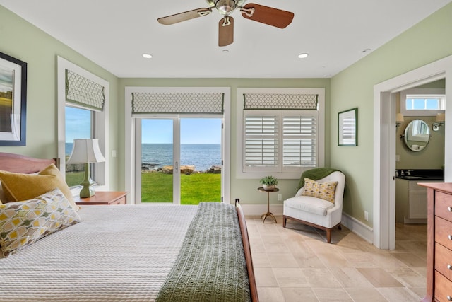 121 Bald Head Cliff Rd, York, ME 03902 - bedroom with a water view, multiple windows, recessed lighting, access to outside, and a ceiling fan
