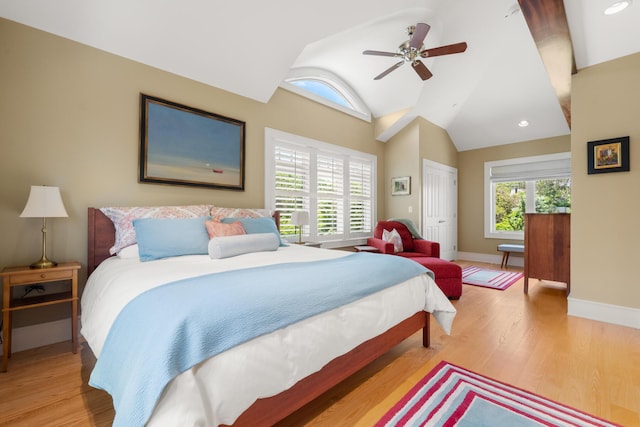 121 Bald Head Cliff Rd, York, ME 03902 - bedroom featuring a closet, wood finished floors, recessed lighting, ceiling fan, and high vaulted ceiling