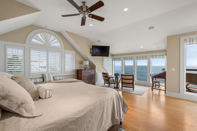 121 Bald Head Cliff Rd, York, ME 03902 - bedroom featuring light wood-style flooring, vaulted ceiling, recessed lighting, and ceiling fan