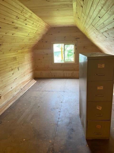 6 Chicken St, Starks, ME 04911 - additional living space featuring vaulted ceiling, wooden walls, and wood ceiling