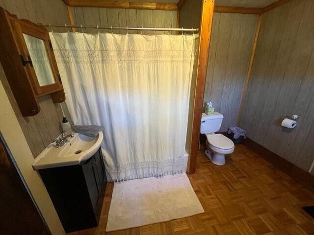 6 Chicken St, Starks, ME 04911 - bathroom featuring vanity, wood walls, and a shower with curtain
