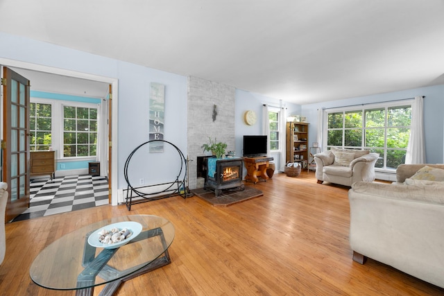 97 Forest Ave, Orono, ME 04473 - living area featuring baseboard heating, a wood stove, and wood finished floors