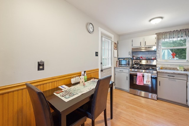 119 Falvey St, Bangor, ME 04401 - kitchen featuring appliances with stainless steel finishes, under cabinet range hood, a wainscoted wall, healthy amount of natural light, and decorative backsplash