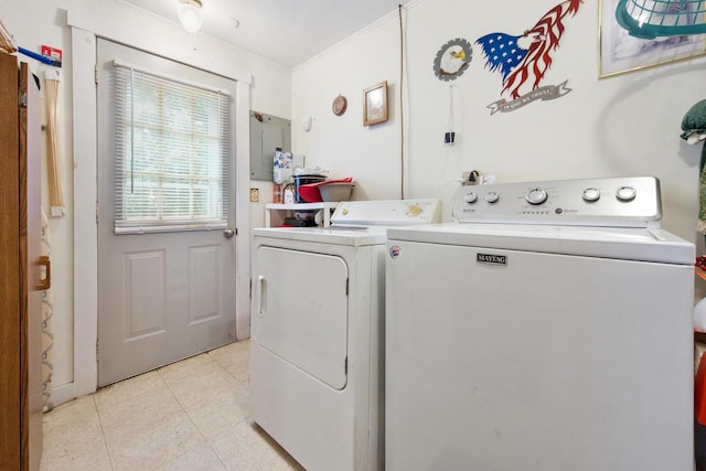 119 Falvey St, Bangor, ME 04401 - laundry room featuring separate washer and dryer, light tile patterned flooring, and crown molding