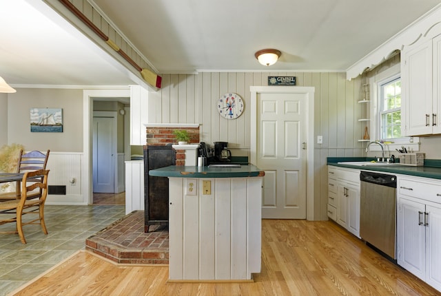 302 Townsend Ave, Boothbay Harbor, ME 04538 - kitchen featuring dishwasher, crown molding, open shelves, dark countertops, and white cabinets