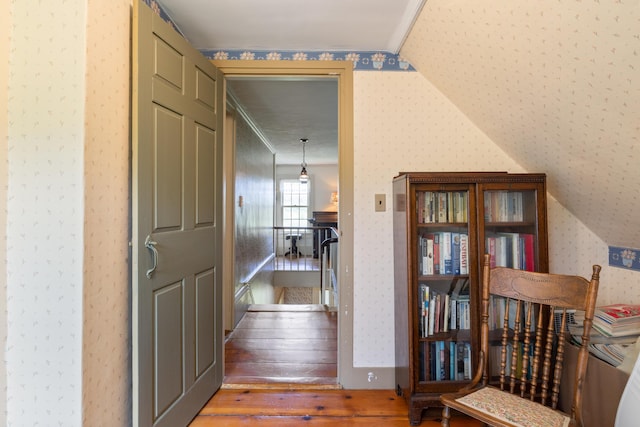 426 Meadow Rd, Topsham, ME 04086 - hall featuring wallpapered walls and hardwood / wood-style floors