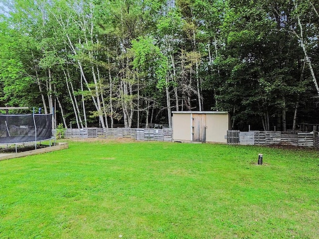 71 Morgan Rd, Burnham, ME 04922 - fenced backyard with a trampoline and a shed