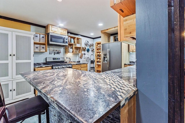71 Morgan Rd, Burnham, ME 04922 - kitchen featuring stainless steel appliances, open shelves, recessed lighting, a peninsula, and dark countertops