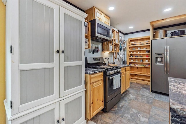 71 Morgan Rd, Burnham, ME 04922 - kitchen with stainless steel appliances, open shelves, stone finish flooring, dark countertops, and recessed lighting