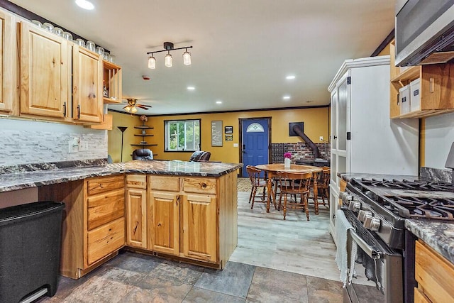 71 Morgan Rd, Burnham, ME 04922 - kitchen with gas range, a peninsula, stainless steel microwave, ceiling fan, and recessed lighting