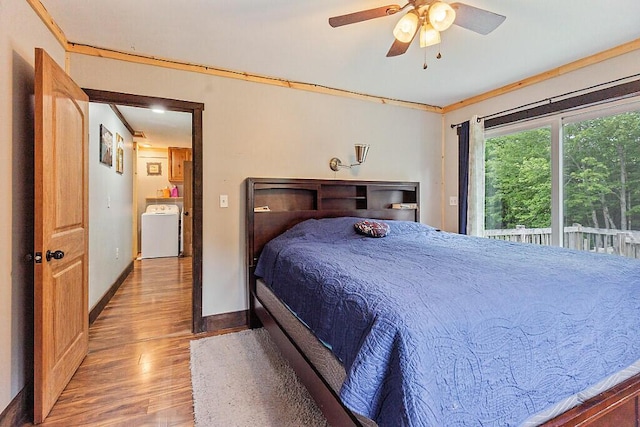 71 Morgan Rd, Burnham, ME 04922 - bedroom with washer / dryer, wood finished floors, crown molding, and a ceiling fan