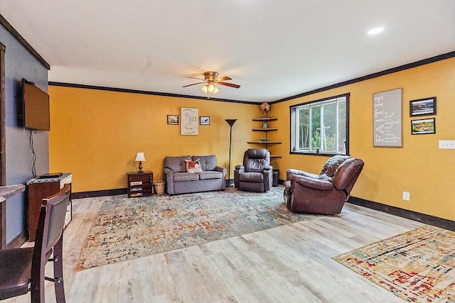 71 Morgan Rd, Burnham, ME 04922 - living room with ceiling fan, wood finished floors, ornamental molding, and recessed lighting
