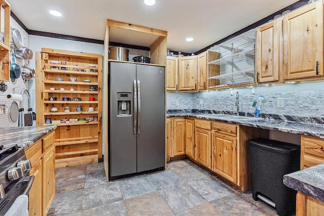71 Morgan Rd, Burnham, ME 04922 - kitchen with stainless steel appliances, light stone finish floors, dark stone countertops, open shelves, and recessed lighting