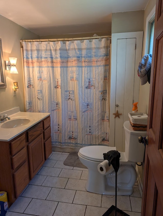 419 Common Rd, Union, ME 04862 - bathroom with vanity, tile patterned floors, and a shower with curtain