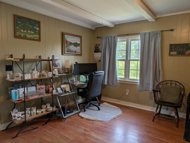 419 Common Rd, Union, ME 04862 - office featuring beam ceiling, wood-type flooring, and wood walls