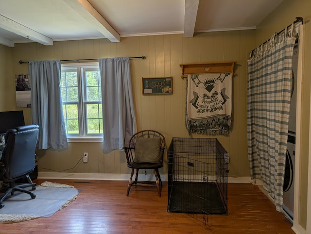 419 Common Rd, Union, ME 04862 - office space with beamed ceiling, hardwood / wood-style flooring, and washer / dryer