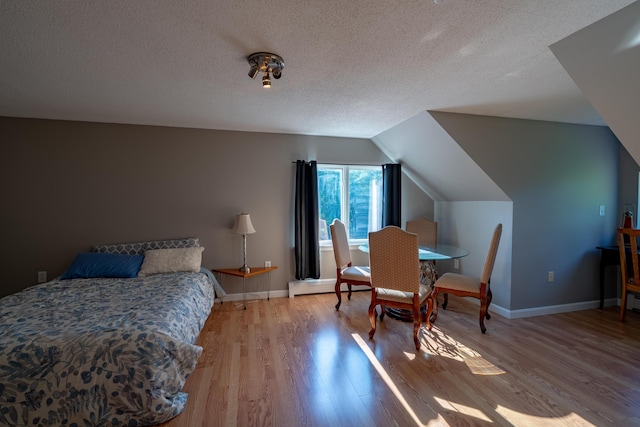 78 Lakeview Rd, Glenburn, ME 04401 - bedroom with wood finished floors, a textured ceiling, lofted ceiling, and baseboard heating