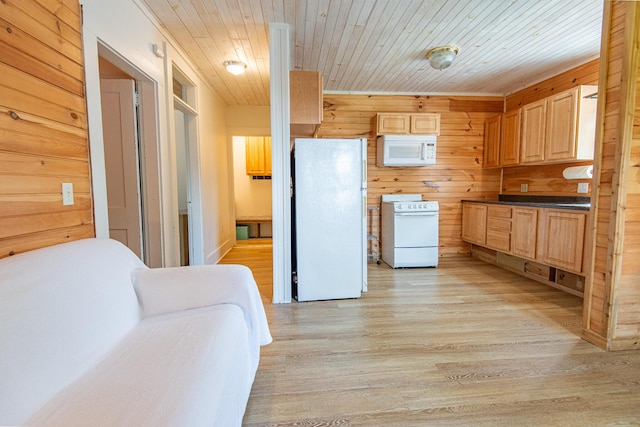 18/20 Beech St, East Millinocket, ME 04430 - kitchen with white appliances, wood walls, dark countertops, light wood-type flooring, and wood ceiling