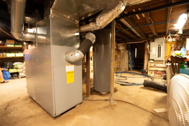 18/20 Beech St, East Millinocket, ME 04430 - unfinished basement with electric panel, heating unit, and water heater