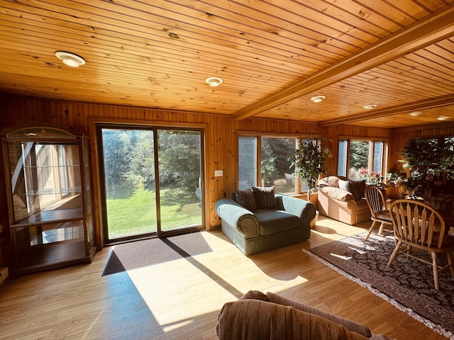 151 Schooland Rd, New Sweden, ME 04762 - living room with a wood ceiling with exposed beams, wooden walls, and wood finished floors