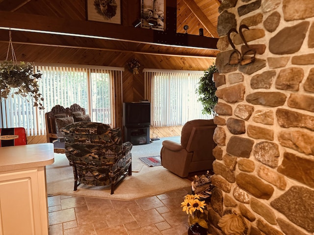 151 Schooland Rd, New Sweden, ME 04762 - living room featuring stone tile flooring, wood ceiling, and wooden walls
