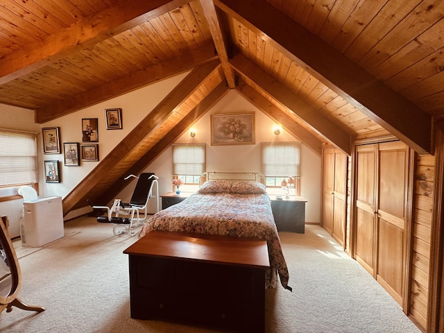 151 Schooland Rd, New Sweden, ME 04762 - bedroom featuring carpet, wood ceiling, and multiple windows