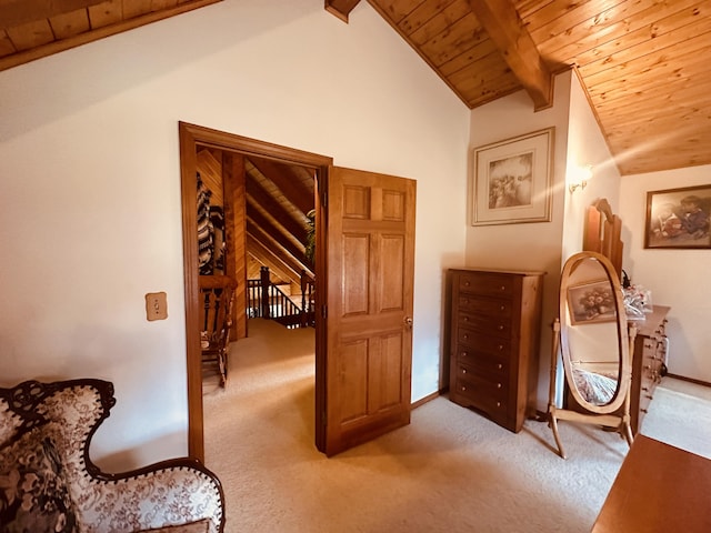 151 Schooland Rd, New Sweden, ME 04762 - sitting room with wood ceiling, carpet, and an upstairs landing