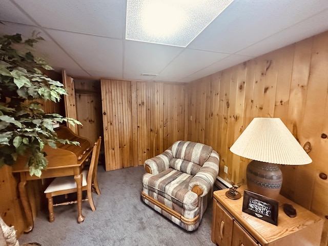 151 Schooland Rd, New Sweden, ME 04762 - living area with carpet floors, wooden walls, and a drop ceiling