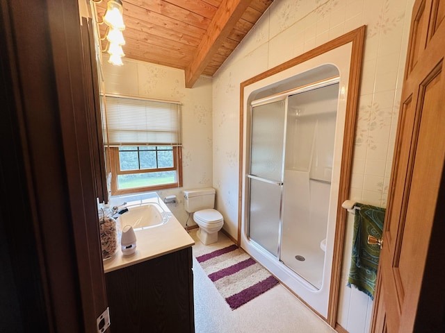 151 Schooland Rd, New Sweden, ME 04762 - full bathroom featuring a wooden ceiling with exposed beams, a stall shower, and vanity