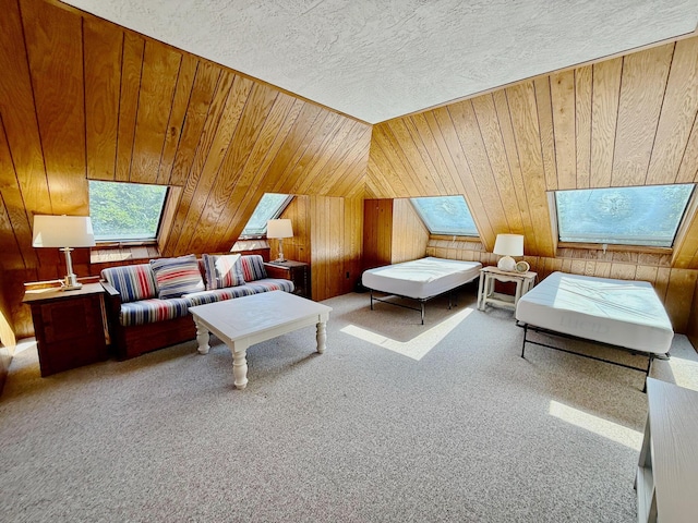 48 Sheltons Rd, Trenton, ME 04605 - living room with carpet, wooden walls, and a textured ceiling