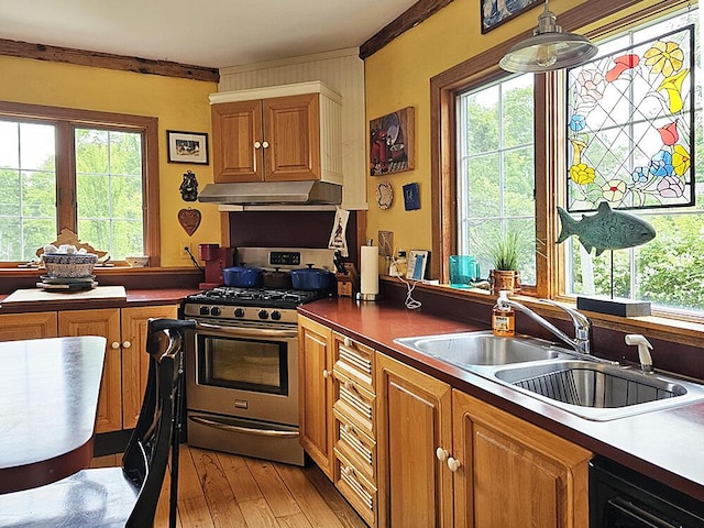 8 Longfellow School Rd, Bristol, ME 04539 - kitchen featuring stainless steel range with gas stovetop, under cabinet range hood, plenty of natural light, and crown molding