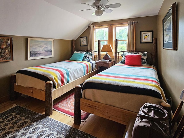 8 Longfellow School Rd, Bristol, ME 04539 - bedroom featuring wood finished floors, lofted ceiling, and ceiling fan