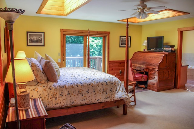 42 Knowles Point Rd, Bridgton, ME 04009 - bedroom featuring access to exterior, carpet flooring, a skylight, and ceiling fan