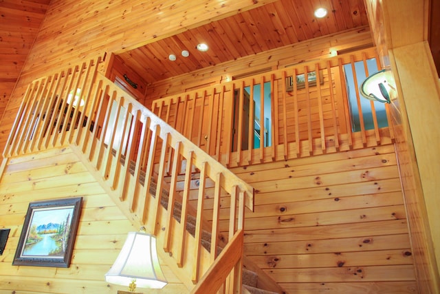 42 Knowles Point Rd, Bridgton, ME 04009 - stairs with wood walls, recessed lighting, a sauna / steam room, and wooden ceiling