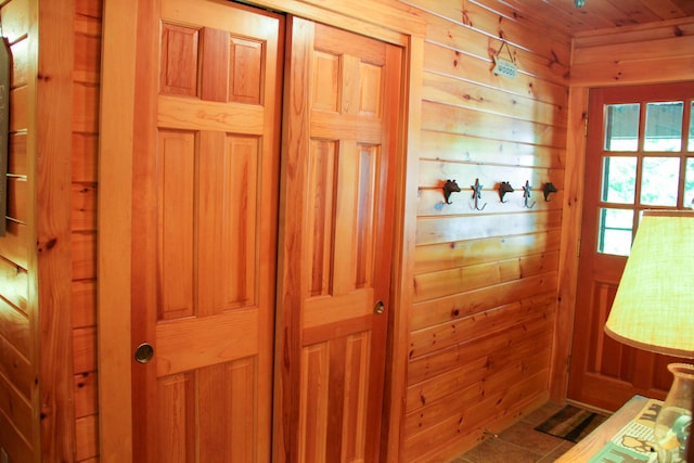 42 Knowles Point Rd, Bridgton, ME 04009 - doorway to outside featuring wood walls and wood ceiling