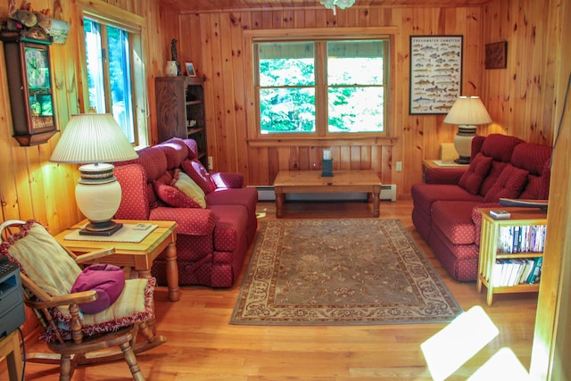 42 Knowles Point Rd, Bridgton, ME 04009 - living room with wood walls, a baseboard radiator, and wood finished floors