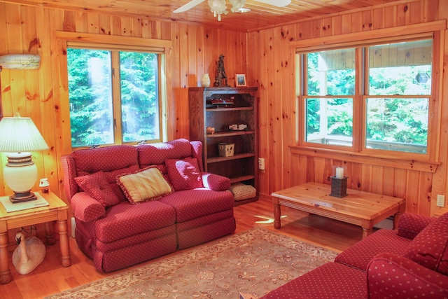 42 Knowles Point Rd, Bridgton, ME 04009 - living room with plenty of natural light, wood walls, wood finished floors, and a ceiling fan
