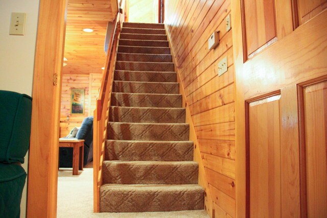 42 Knowles Point Rd, Bridgton, ME 04009 - stairway with carpet floors and wood walls