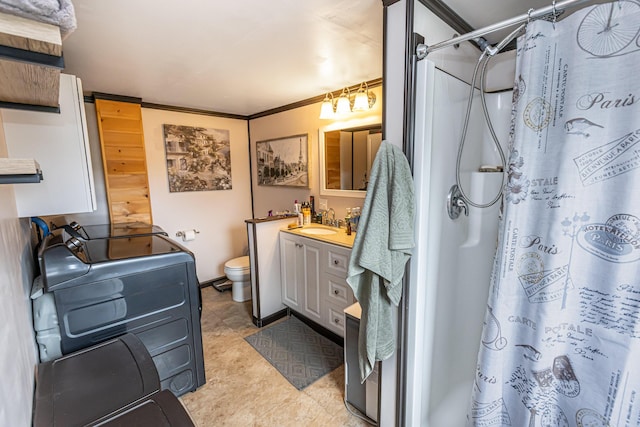 143 Mayfield Rd, Moscow, ME 04920 - full bathroom with vanity, a shower with curtain, and crown molding