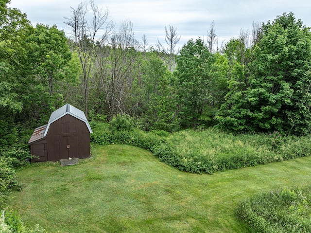 143 Mayfield Rd, Moscow, ME 04920 - view of grassy yard with a storage shed and a forest view
