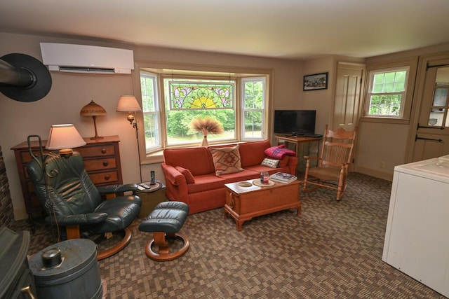 337 Copeland Hill Rd, Holden, ME 04429 - carpeted living room featuring a wall mounted air conditioner and plenty of natural light