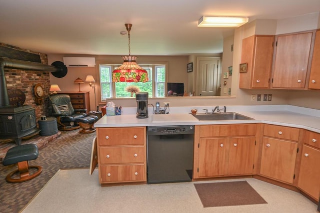 337 Copeland Hill Rd, Holden, ME 04429 - kitchen featuring dishwasher, a wood stove, an AC wall unit, light countertops, and a peninsula
